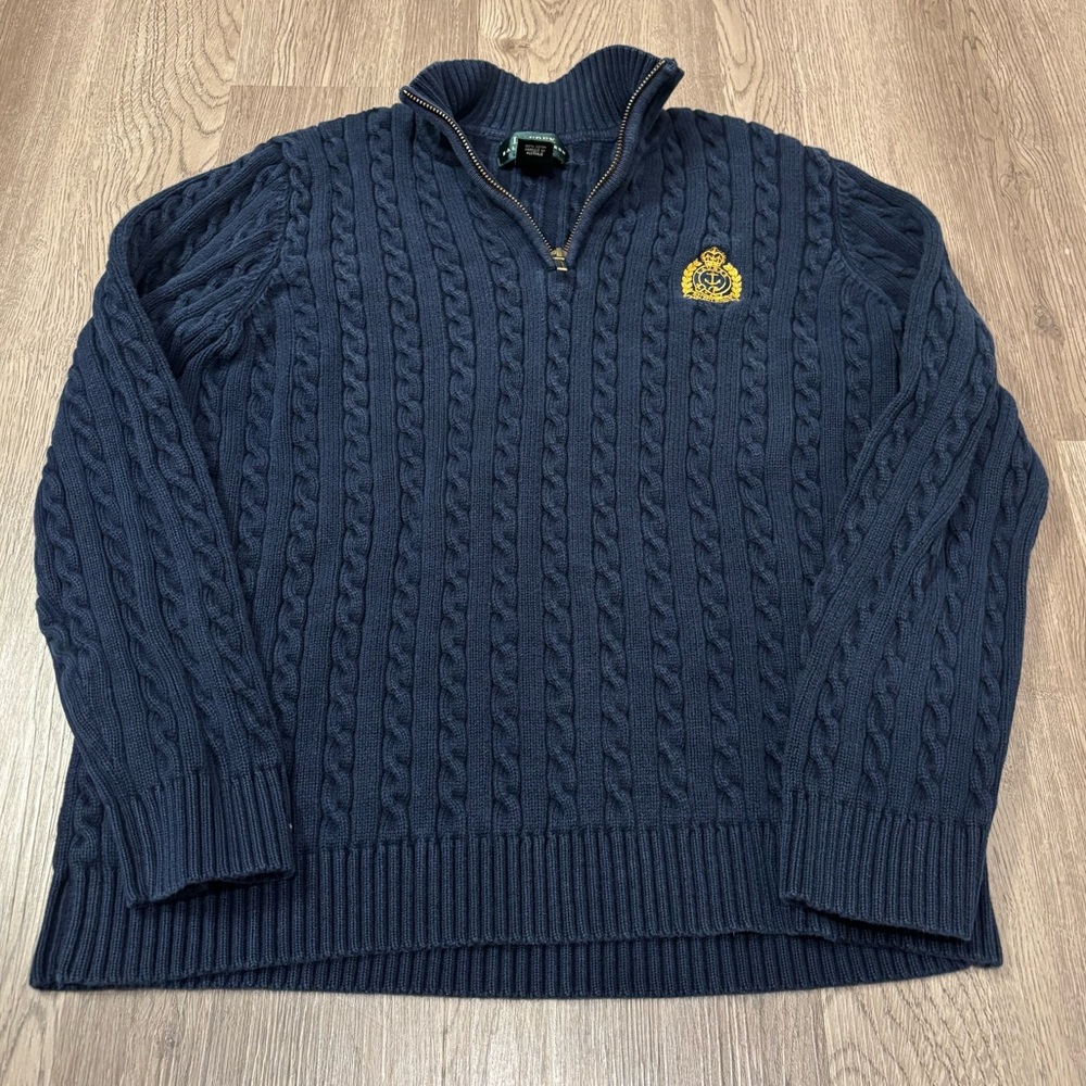 Lauren Ralph Lauren 1/4‎ Zip Cable Knit Sweater Crest Navy Blue Women’s M Petit